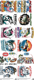 Fishing mixed-style heat transfer design set on a 23.5 by 53 inch sheet