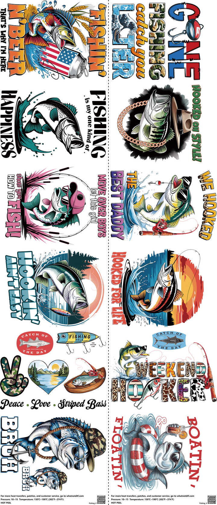 Fishing mixed-style heat transfer design set on a 23.5 by 53 inch sheet