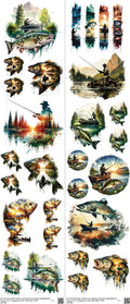 Fishing mixed-style heat transfer design set on a 23.5 by 53 inch sheet