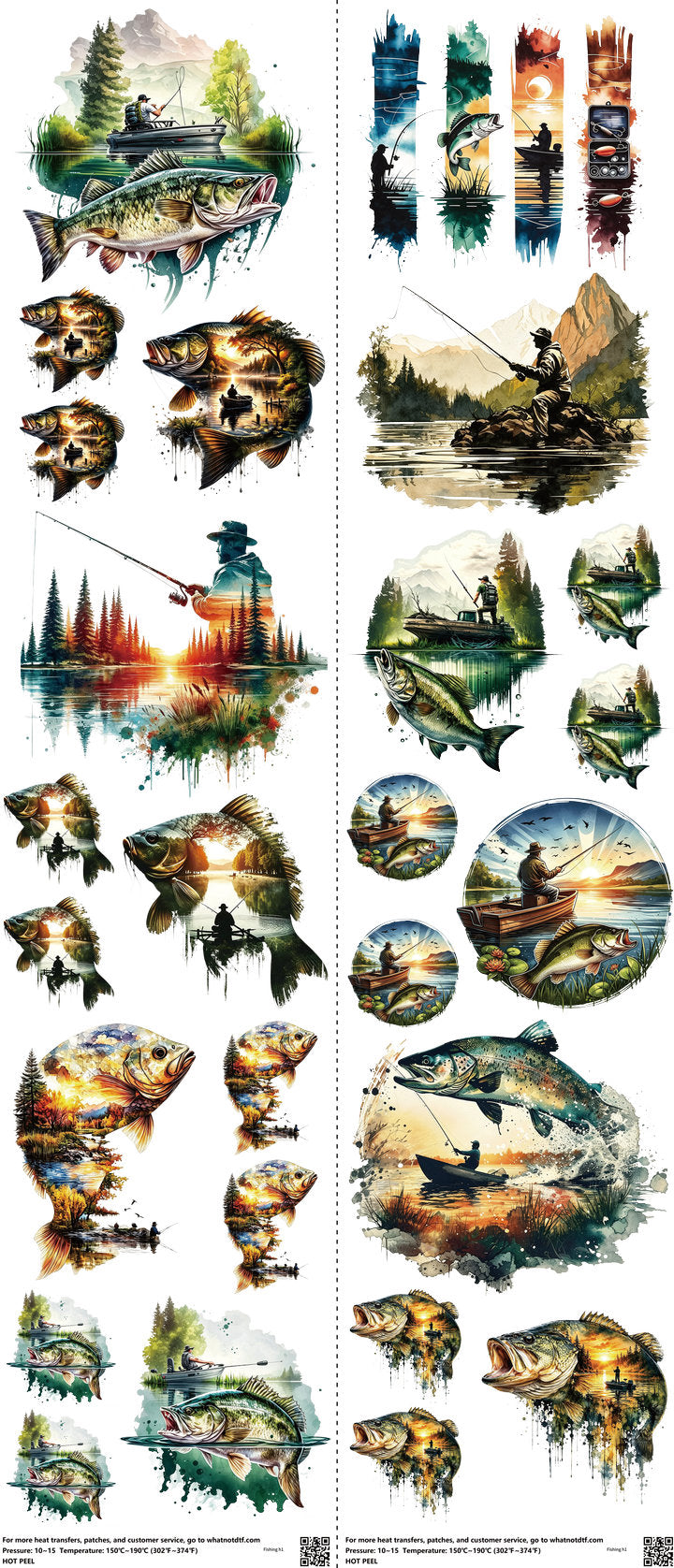 Fishing mixed-style heat transfer design set on a 23.5 by 53 inch sheet