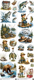 Fishing mixed-style heat transfer design set on a 23.5 by 53 inch sheet