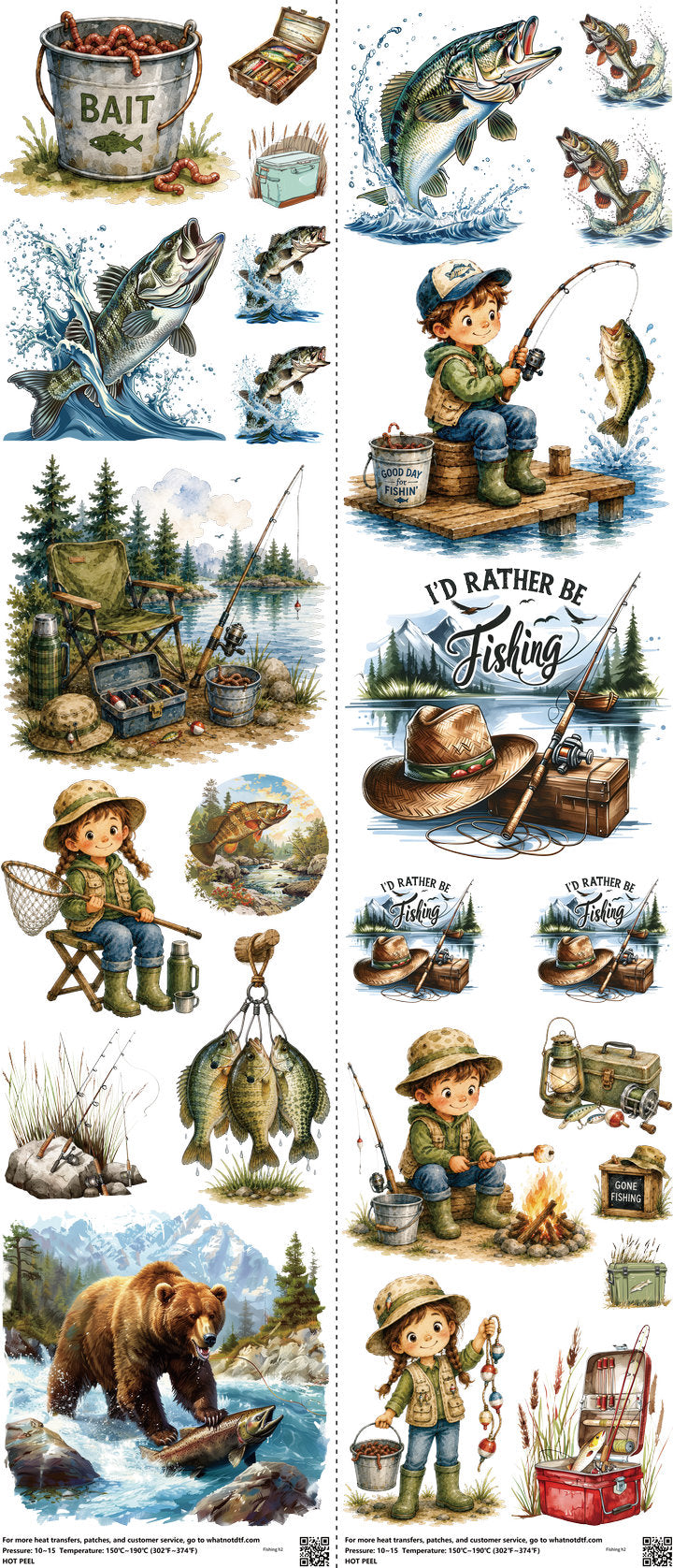 Fishing mixed-style heat transfer design set on a 23.5 by 53 inch sheet