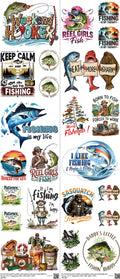 Fishing H4 mixed-style heat transfer design set on a 23.5 by 53 inch sheet