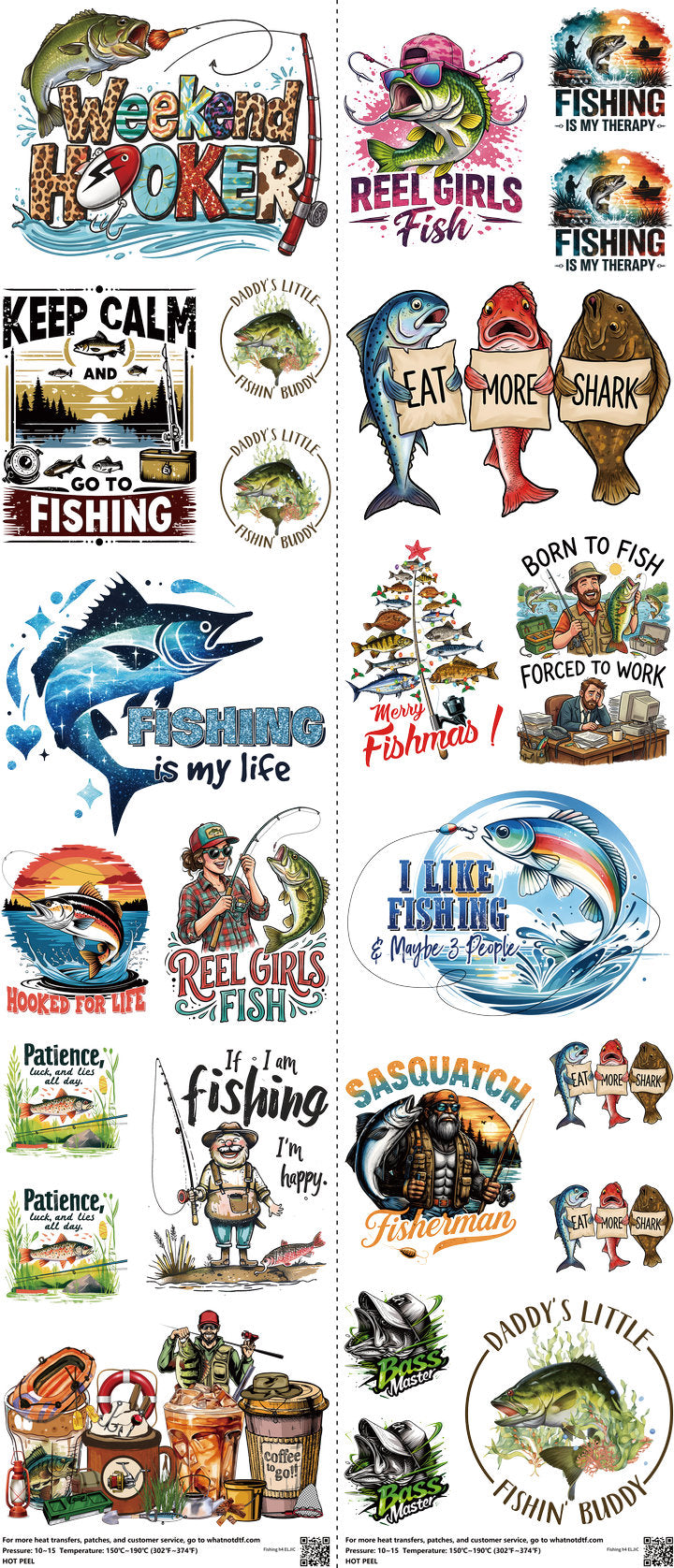 Fishing H4 mixed-style heat transfer design set on a 23.5 by 53 inch sheet