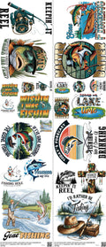 Fishing mixed-style heat transfer design set on a 23.5 by 53 inch sheet