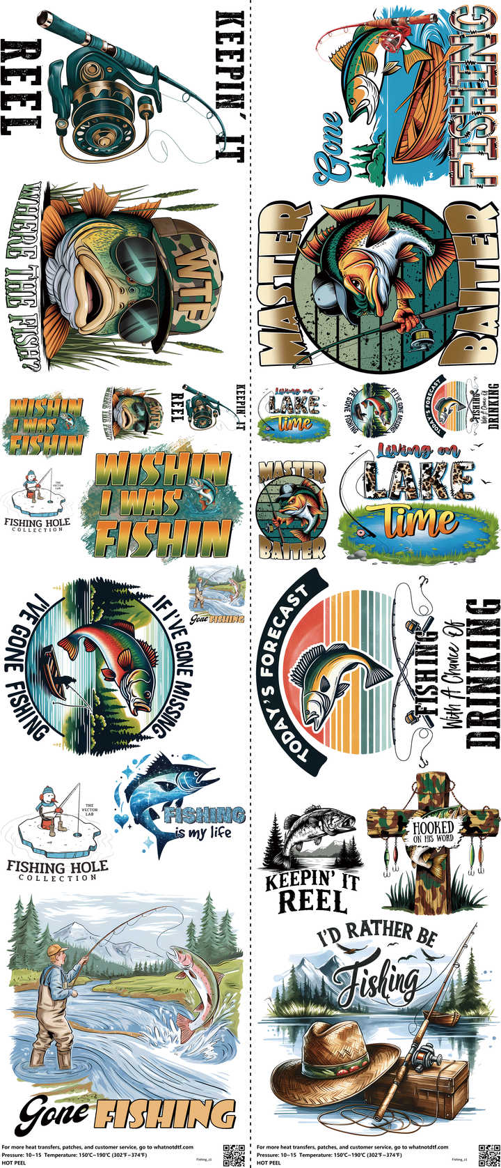 Fishing mixed-style heat transfer design set on a 23.5 by 53 inch sheet