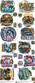 Fishing mixed-style heat transfer design set on a 23.5 by 53 inch sheet