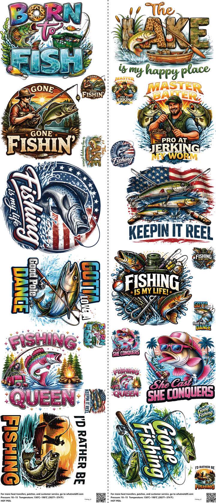 Fishing mixed-style heat transfer design set on a 23.5 by 53 inch sheet