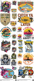Fishing mixed-style heat transfer design set on a 23.5 by 53 inch sheet