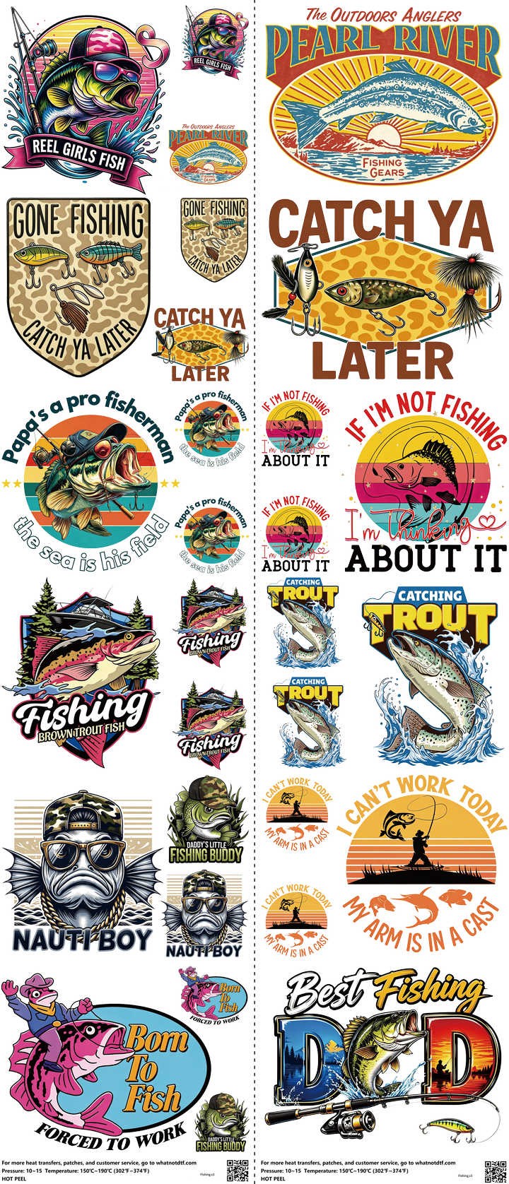 Fishing mixed-style heat transfer design set on a 23.5 by 53 inch sheet