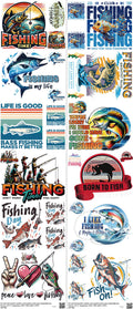 Fishing mixed-style heat transfer design set on a 23.5 by 53 inch sheet