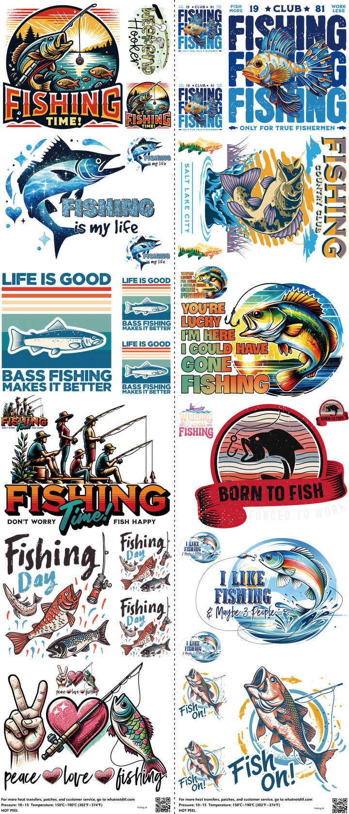 Fishing mixed-style heat transfer design set on a 23.5 by 53 inch sheet