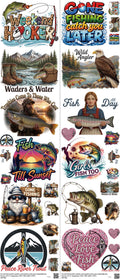 Fishing mixed-style heat transfer design set on a 23.5 by 53 inch sheet