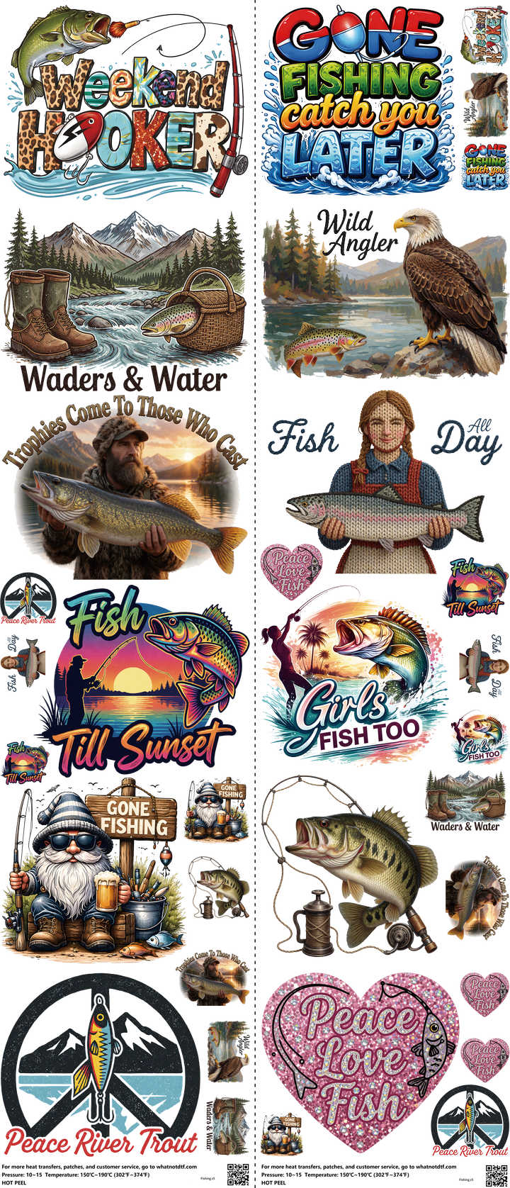 Fishing mixed-style heat transfer design set on a 23.5 by 53 inch sheet