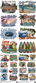 Fishing mixed-style heat transfer design set on a 23.5 by 53 inch sheet