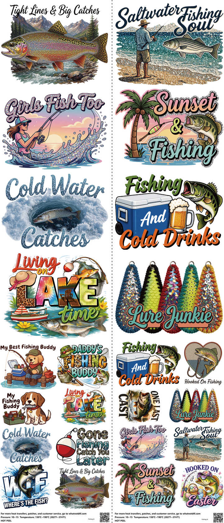 Fishing mixed-style heat transfer design set on a 23.5 by 53 inch sheet