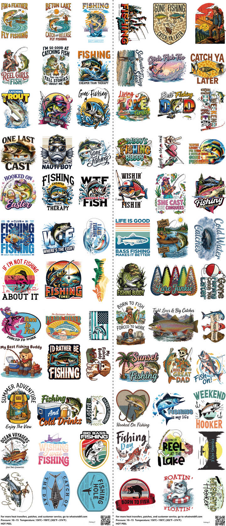 Fishing mixed-style heat transfer design set on a 23.5 by 53 inch sheet