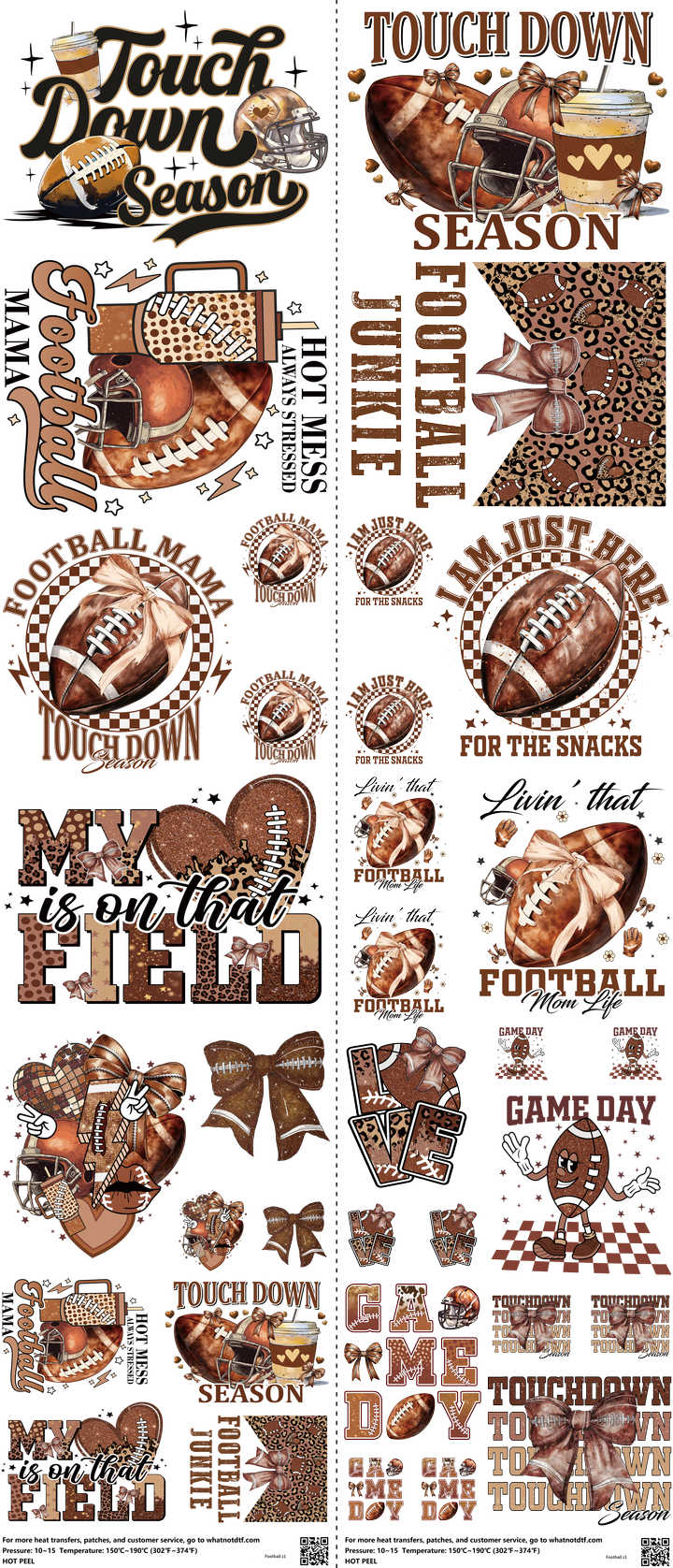 Football mixed-style heat transfer design set on a 23.5 by 53 inch sheet