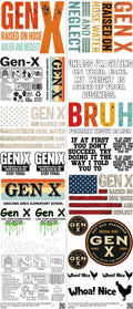 GEN X mixed-style heat transfer design set on a 23.5 by 53 inch sheet