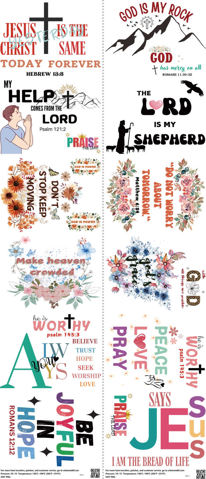 GOD mixed-style heat transfer design set on a 23.5 by 53 inch sheet