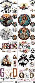 GOD mixed-style heat transfer design set on a 23.5 by 53 inch sheet