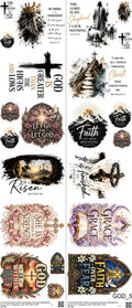 GOD mixed-style heat transfer design set on a 23.5 by 53 inch sheet