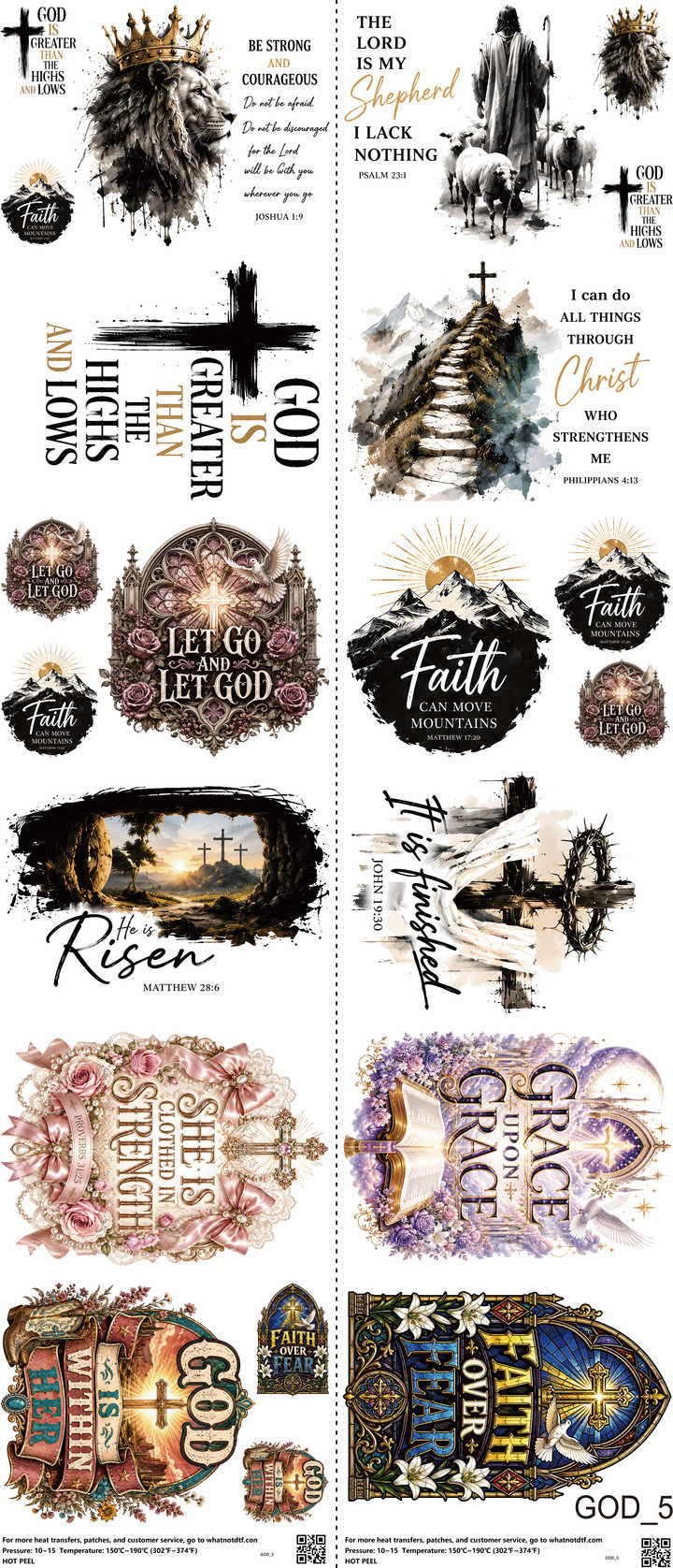 GOD mixed-style heat transfer design set on a 23.5 by 53 inch sheet