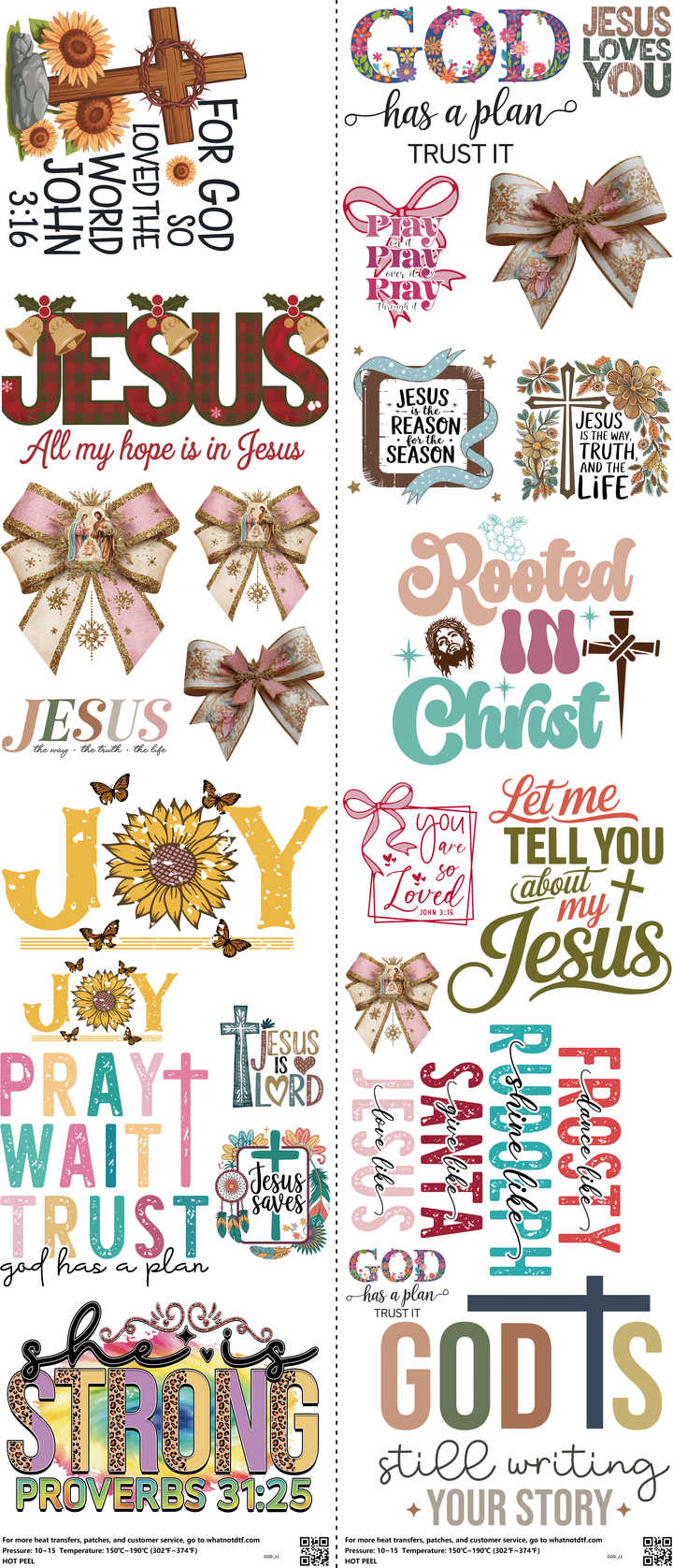 GOD mixed-style heat transfer design set on a 23.5 by 53 inch sheet