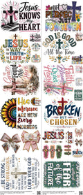 GOD mixed-style heat transfer design set on a 23.5 by 53 inch sheet