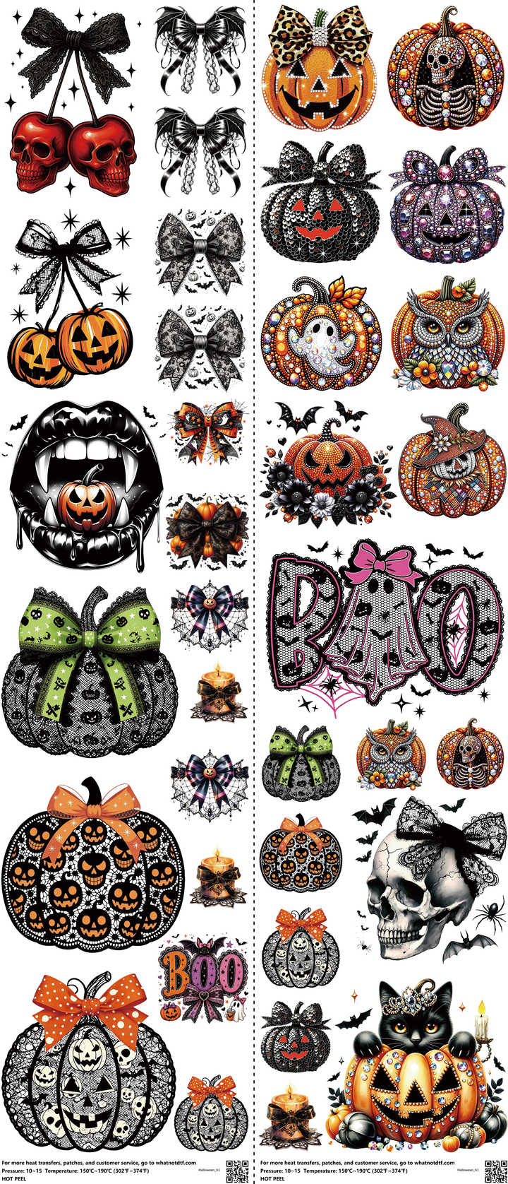 Halloween mixed-style heat transfer design set on a 23.5 by 53 inch sheet
