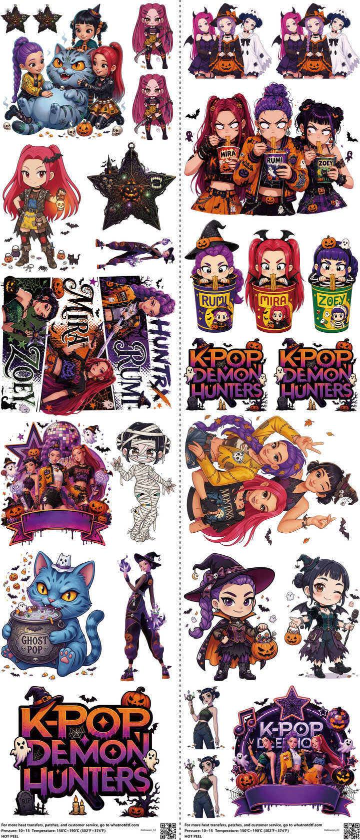 Halloween mixed-style heat transfer design set on a 23.5 by 53 inch sheet