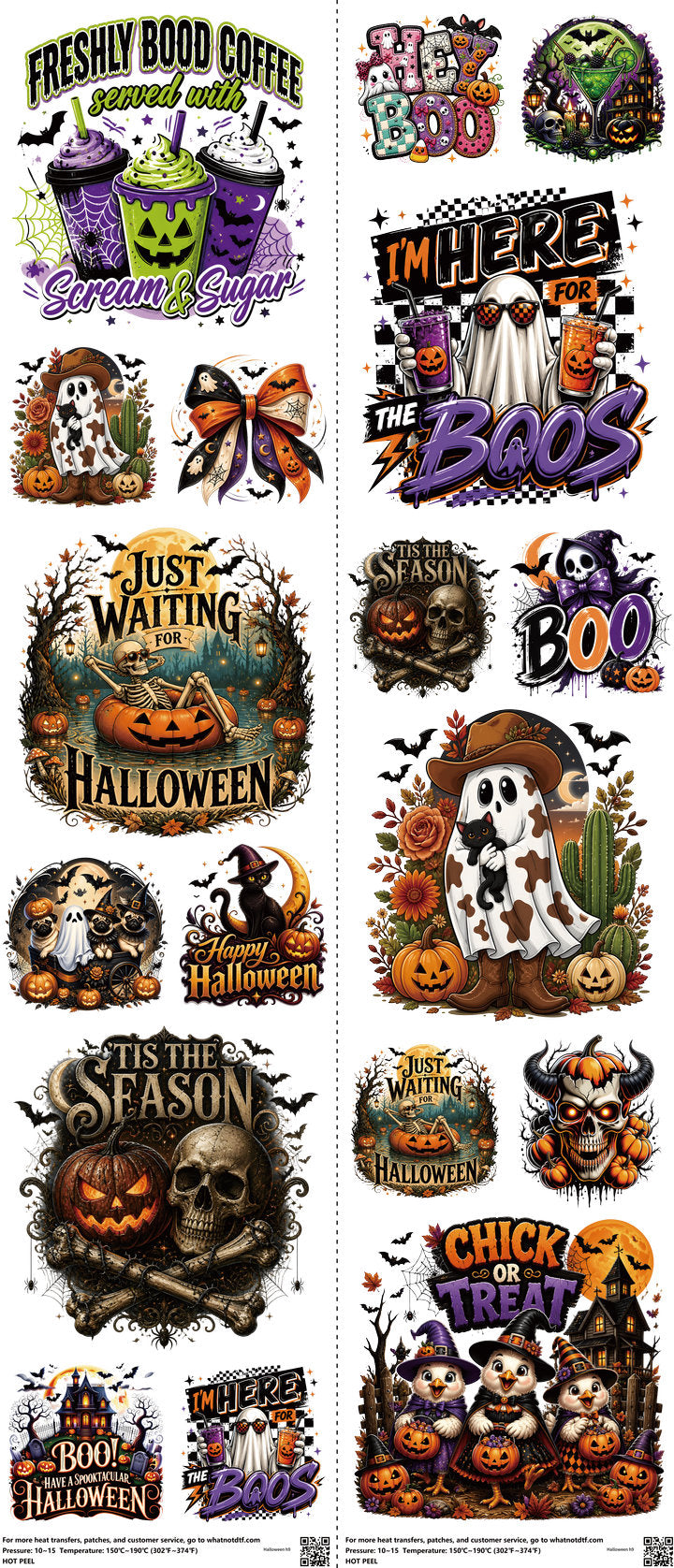 Halloween mixed-style heat transfer design set on a 23.5 by 53 inch sheet
