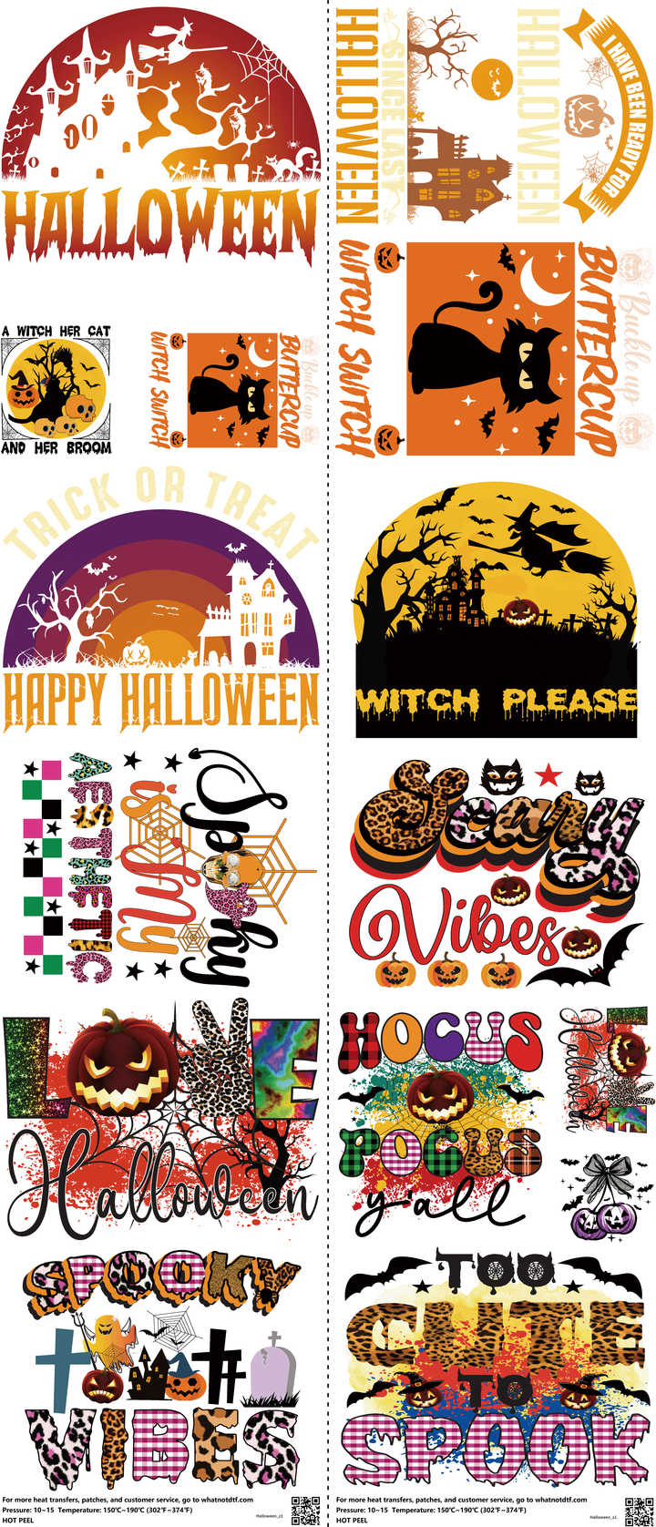 Halloween mixed-style heat transfer design set on a 23.5 by 53 inch sheet