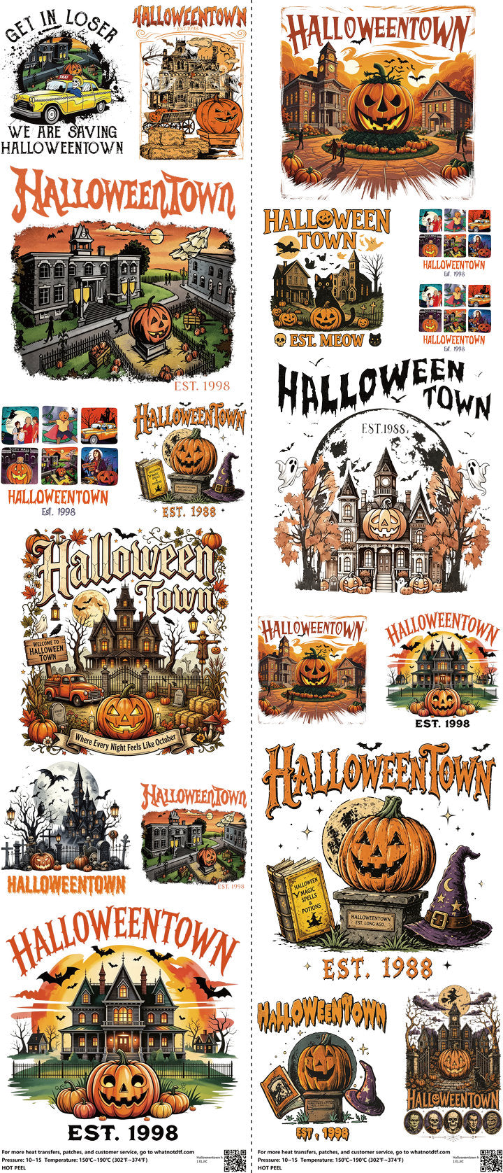 Halloweentown H1 mixed-style heat transfer design set on a 23.5 by 53 inch sheet