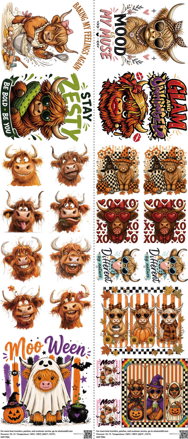 Highland Cow mixed-style heat transfer design set on a 23.5 by 53 inch sheet