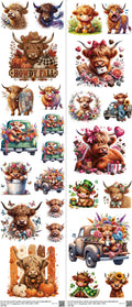 Highland Cow mixed-style heat transfer design set on a 23.5 by 53 inch sheet