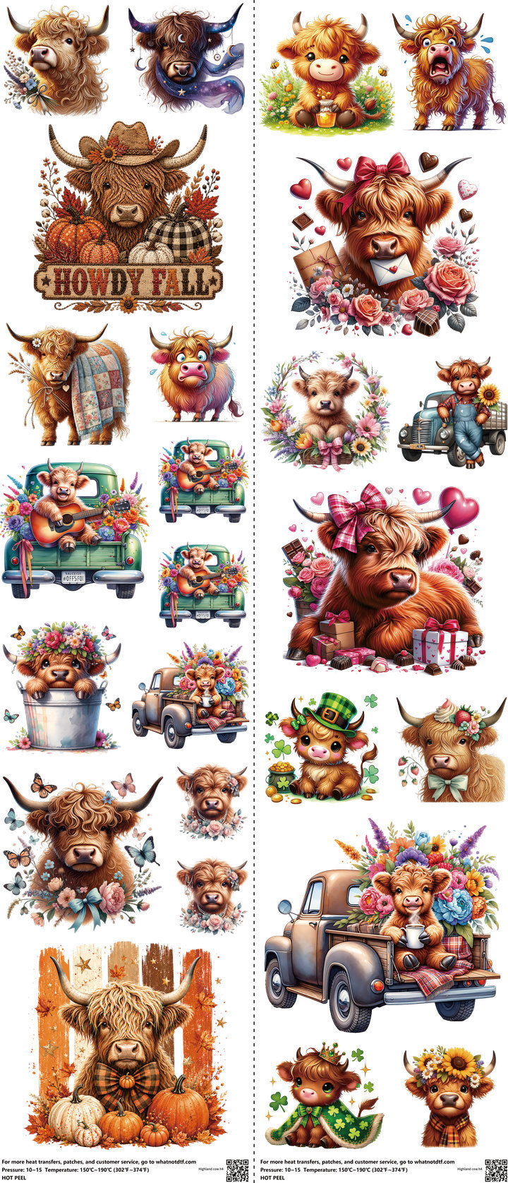 Highland Cow mixed-style heat transfer design set on a 23.5 by 53 inch sheet