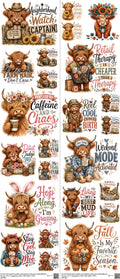 Highland Cow H5 mixed-style heat transfer design set on a 23.5 by 53 inch sheet