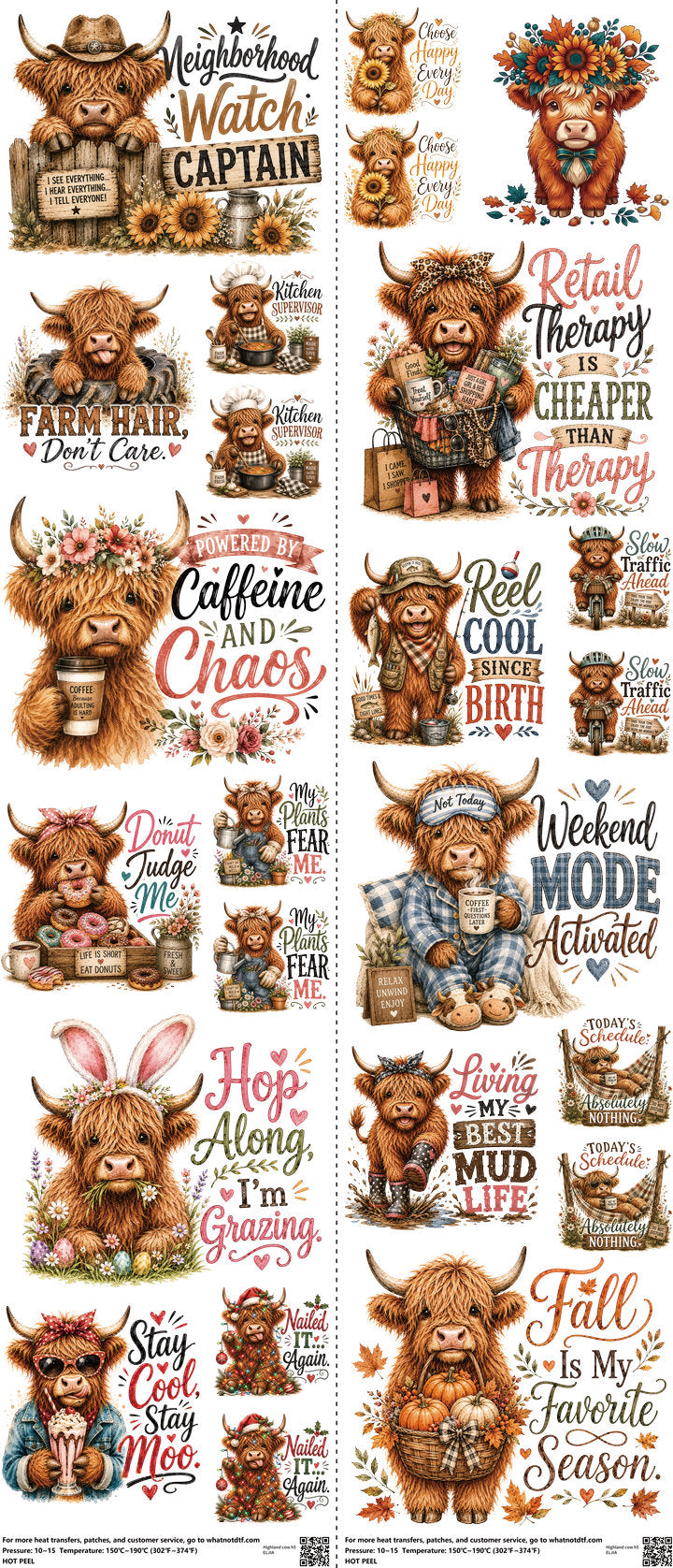 Highland Cow H5 mixed-style heat transfer design set on a 23.5 by 53 inch sheet