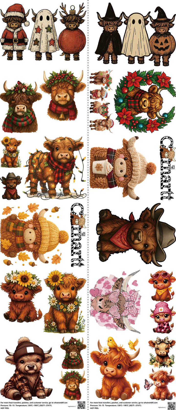 Highlandcow mixed-style heat transfer design set on a 23.5 by 53 inch sheet