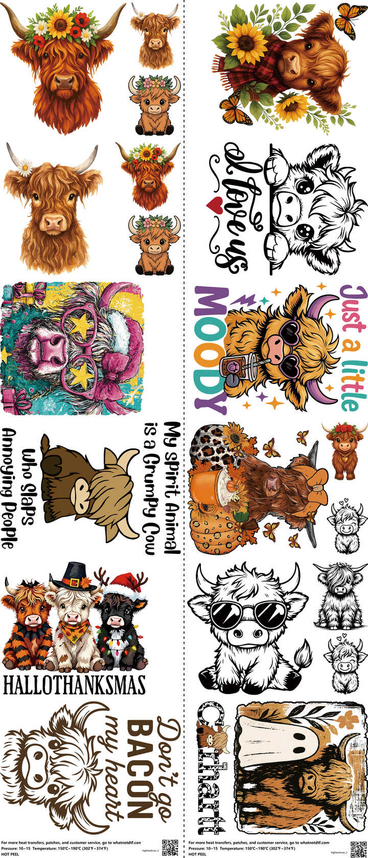 Highlandcow mixed-style heat transfer design set on a 23.5 by 53 inch sheet