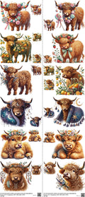 Highlandcow mixed-style heat transfer design set on a 23.5 by 53 inch sheet