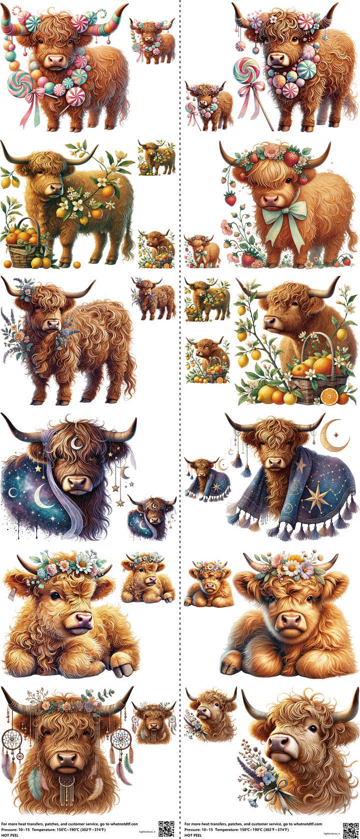 Highlandcow mixed-style heat transfer design set on a 23.5 by 53 inch sheet