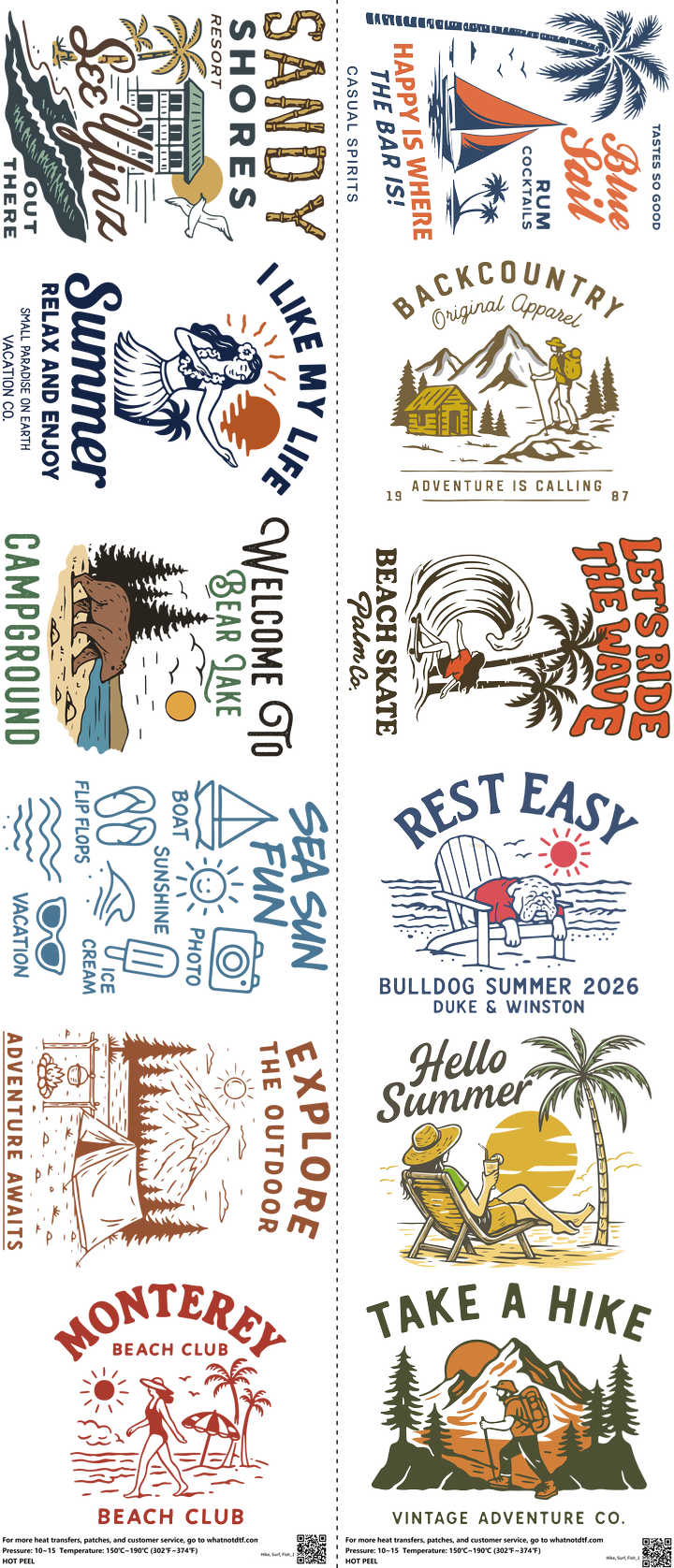 Hike, Surf, Fish mixed-style heat transfer design set on a 23.5 by 53 inch sheet