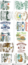 Hike, Surf, Fish mixed-style heat transfer design set on a 23.5 by 53 inch sheet