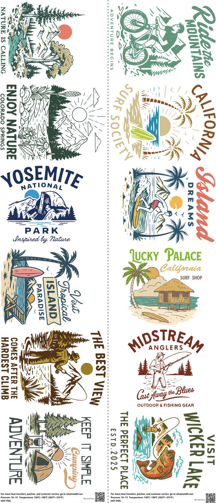 Hike, Surf, Fish mixed-style heat transfer design set on a 23.5 by 53 inch sheet