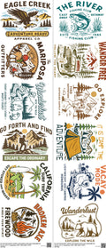 Hike, Surf, Fish mixed-style heat transfer design set on a 23.5 by 53 inch sheet
