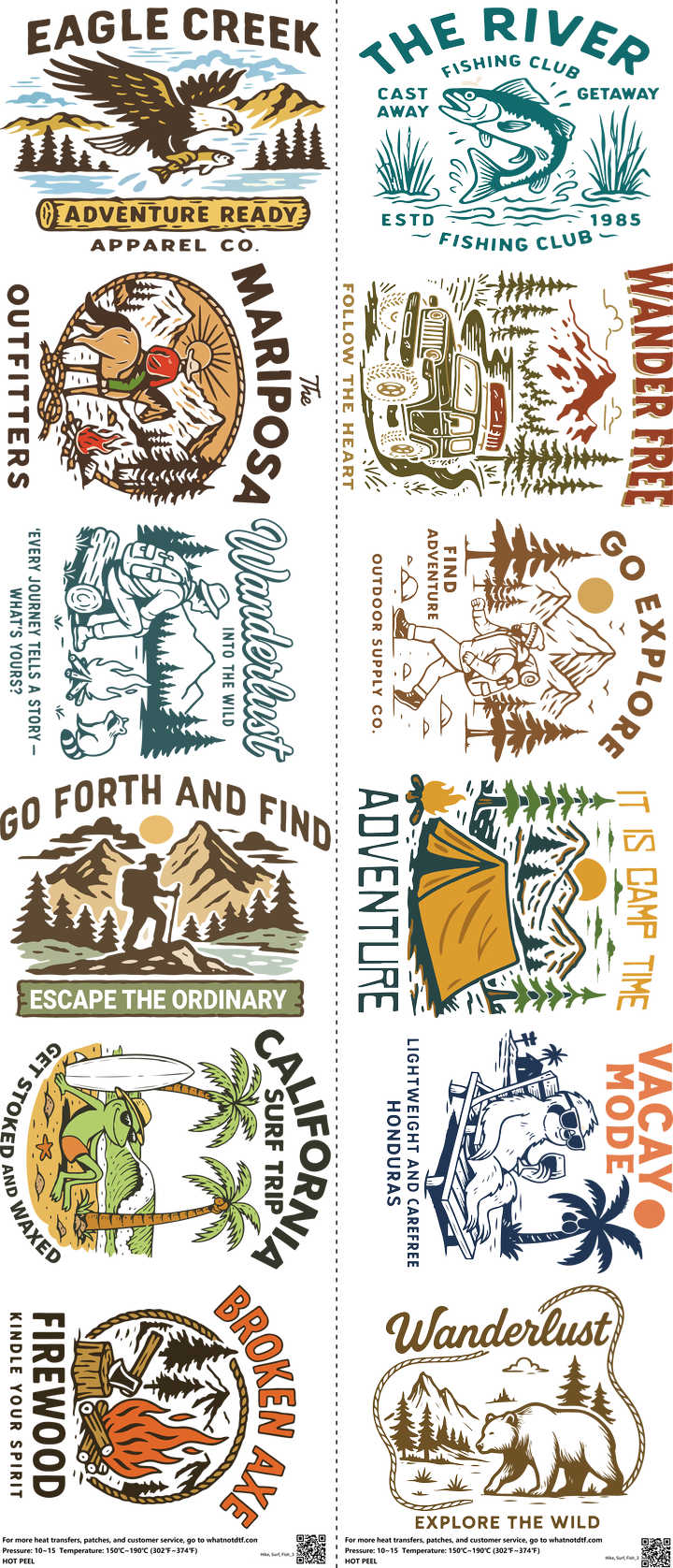 Hike, Surf, Fish mixed-style heat transfer design set on a 23.5 by 53 inch sheet