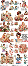 Housewife mixed-style heat transfer design set on a 23.5 by 53 inch sheet