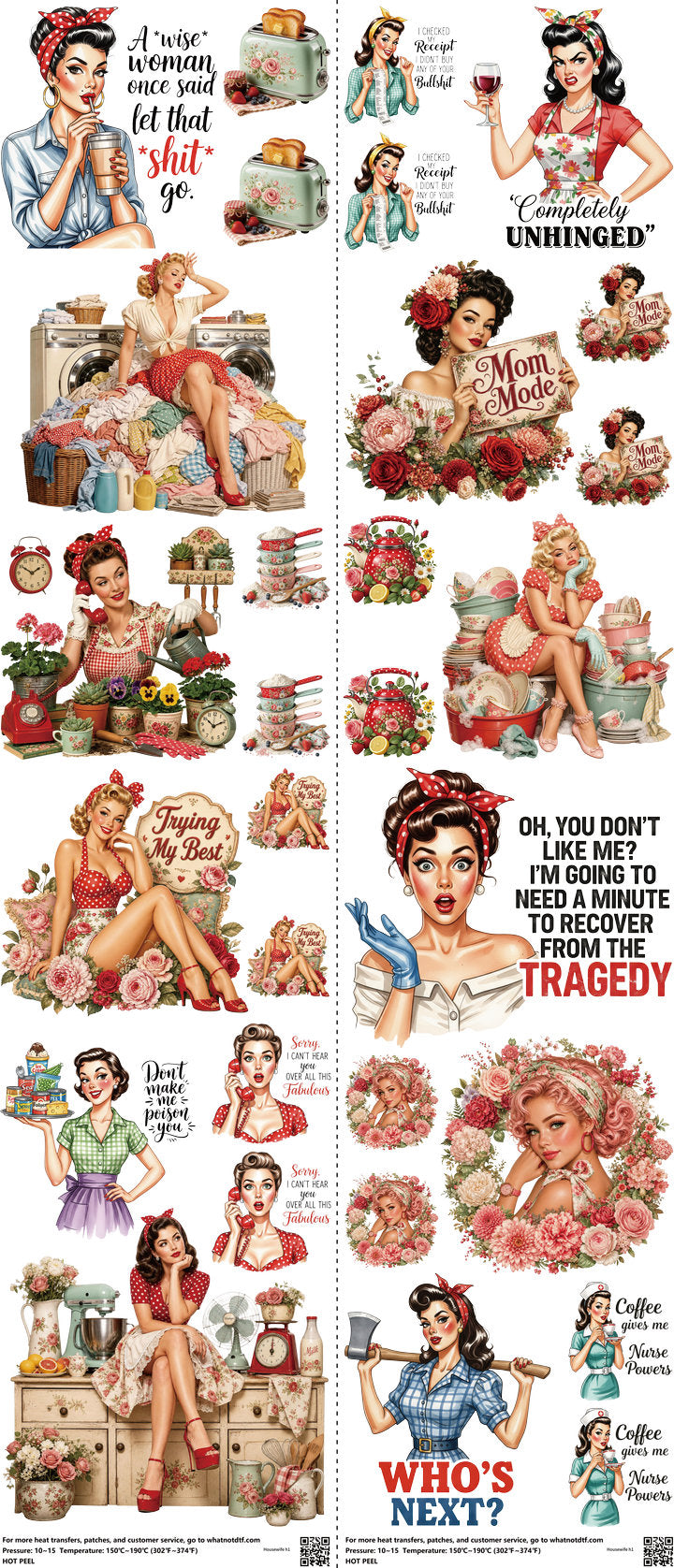 Housewife mixed-style heat transfer design set on a 23.5 by 53 inch sheet
